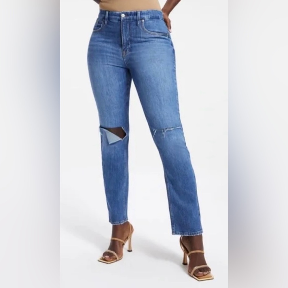NWT Good American Good 90’s Blue Jean Knee Rip Distressed Straight Fit Size 6